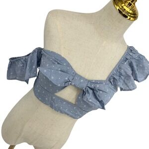 Tularosa Cool Blue Floral Eyelet Crop Top Ruffle Bow S Tea Party Garden Romantic